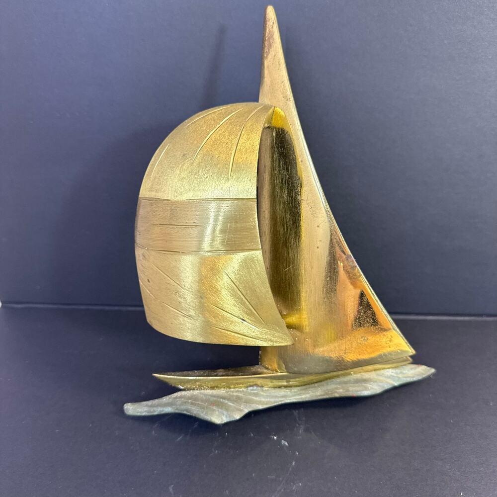 Vintage Brass Sailboat Doorstop 8" Nautical Maritime Coastal Decor